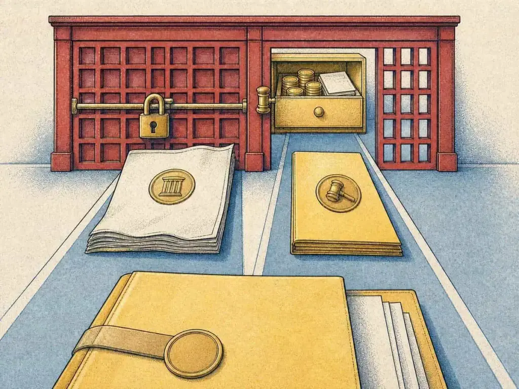 Illustration of two legal routes: a red cabinet with its left door locked by a padlock, and an open drawer on the right containing gold coins. In the foreground three legal files — bearing a courthouse seal, a gavel seal, and a contract folder — symbolising the choice between state court and arbitration.