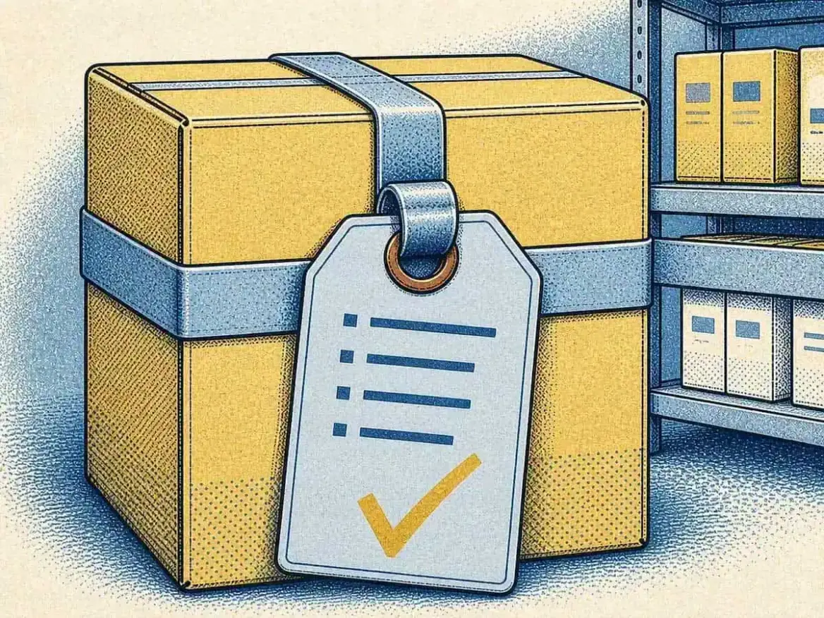 Yellow cardboard box with a checklist tag and a green checkmark, representing product conformity and labelling
