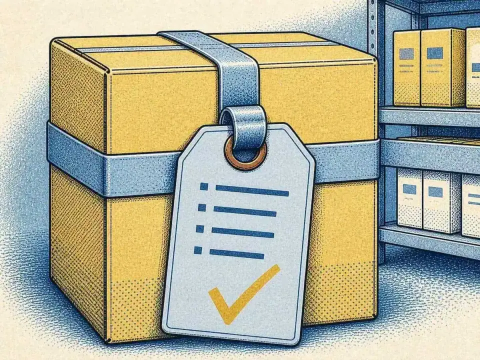 Yellow cardboard box with a checklist tag and a green checkmark, representing product conformity and labelling