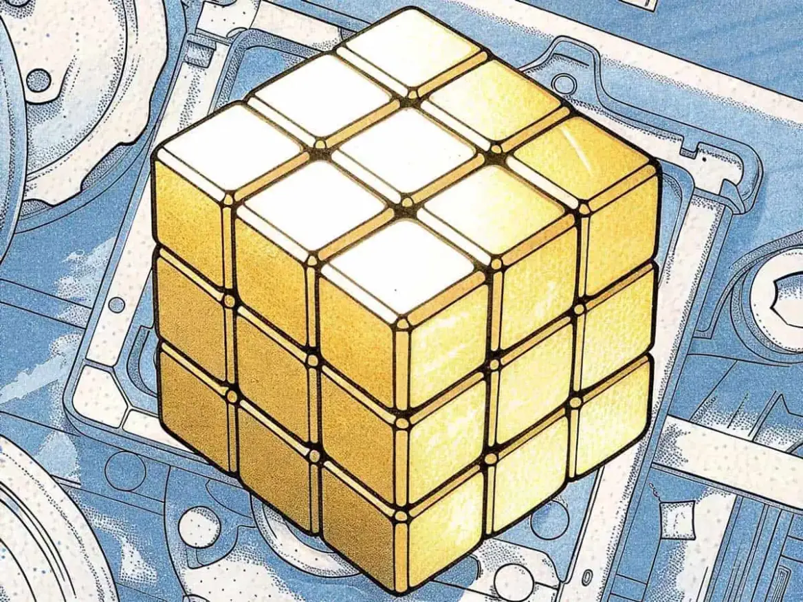 ditorial illustration of a puzzle cube, half gold and half technical blueprint, symbolizing the ruling on technical necessity in trademark law