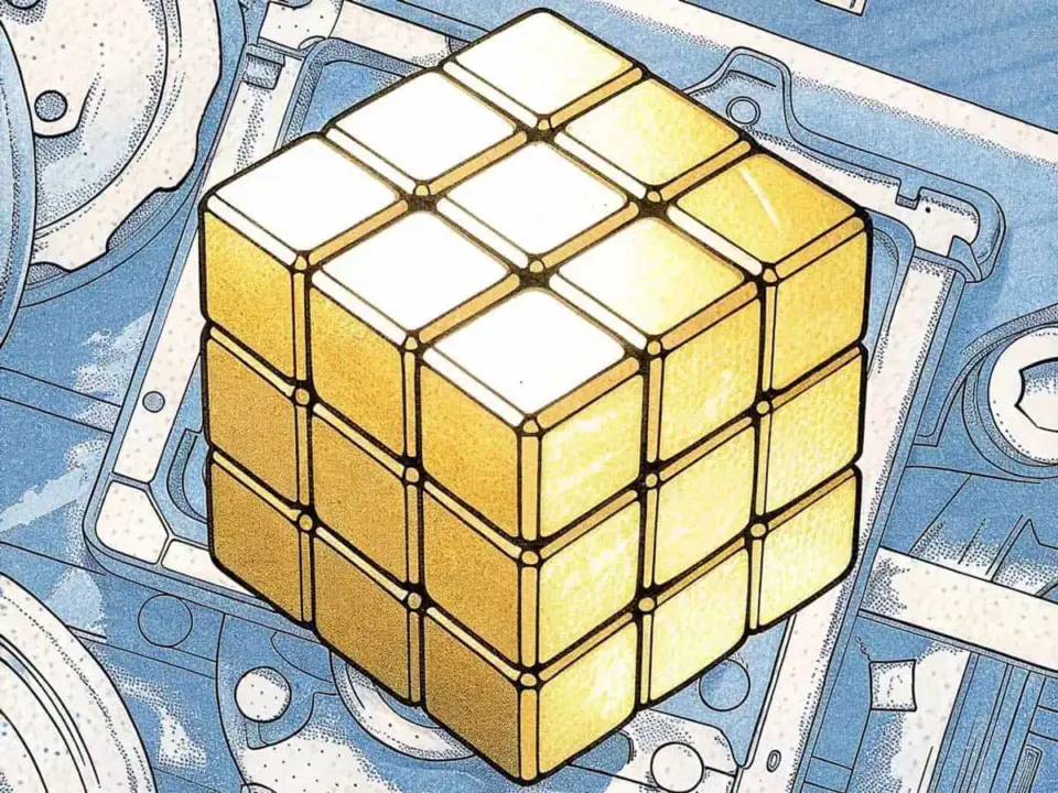 ditorial illustration of a puzzle cube, half gold and half technical blueprint, symbolizing the ruling on technical necessity in trademark law