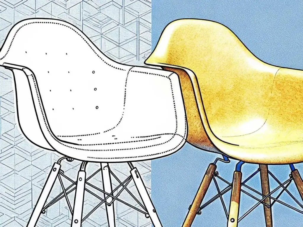 Editorial illustration of a designer chair, depicted as a technical blueprint on the left and a finished golden product on the right, symbolizing design rights protection.