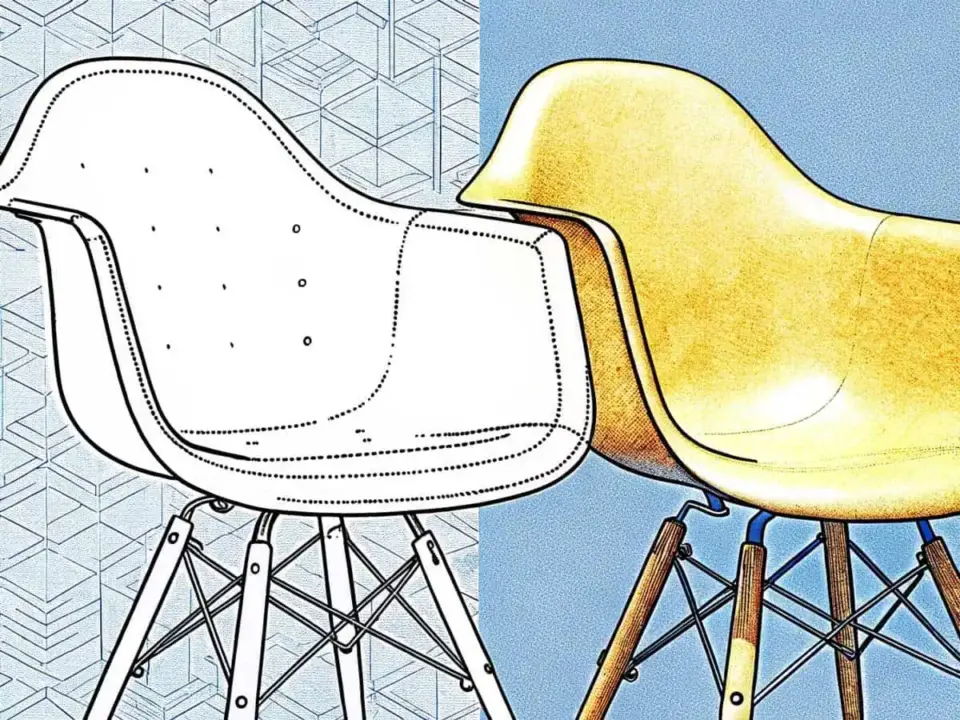 Editorial illustration of a designer chair, depicted as a technical blueprint on the left and a finished golden product on the right, symbolizing design rights protection.